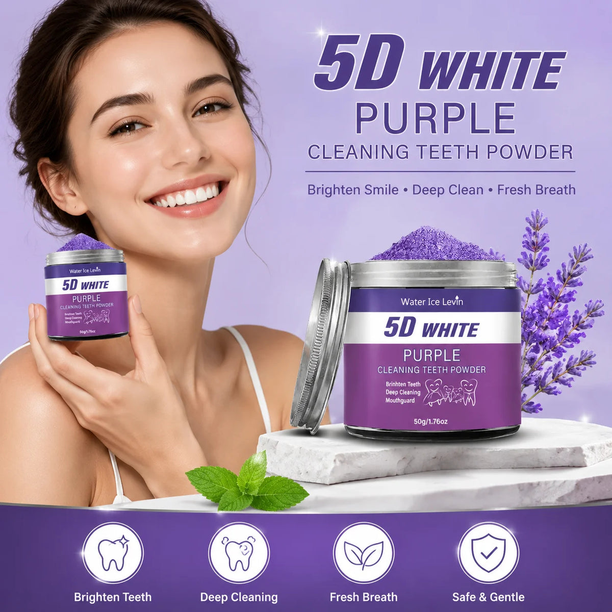 5D White Purple Cleaning Teeth Powder: All-Round Protection, Brightens Teeth, Deep Cleans, Moisturizes & Freshens Breath