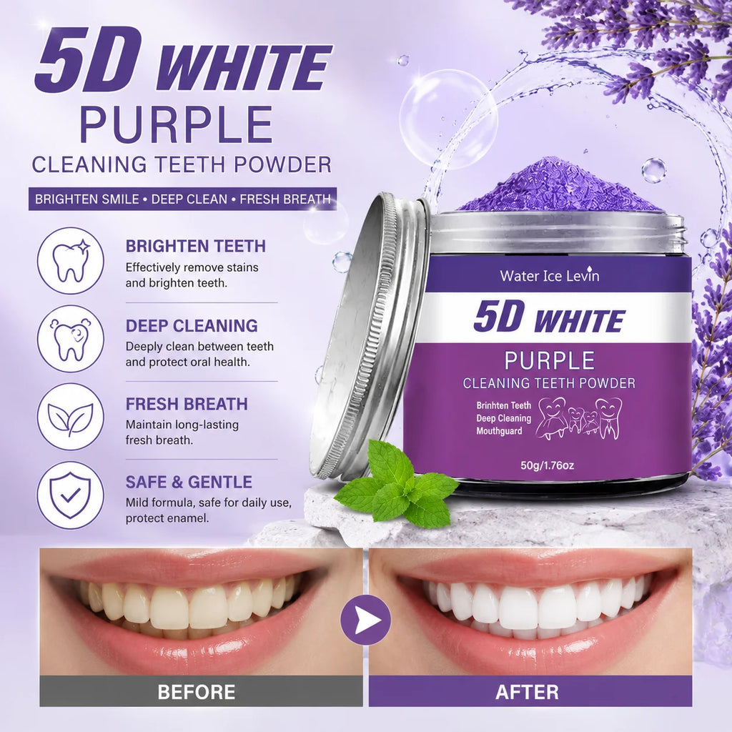 5D White Purple Cleaning Teeth Powder: All-Round Protection, Brightens Teeth, Deep Cleans, Moisturizes & Freshens Breath